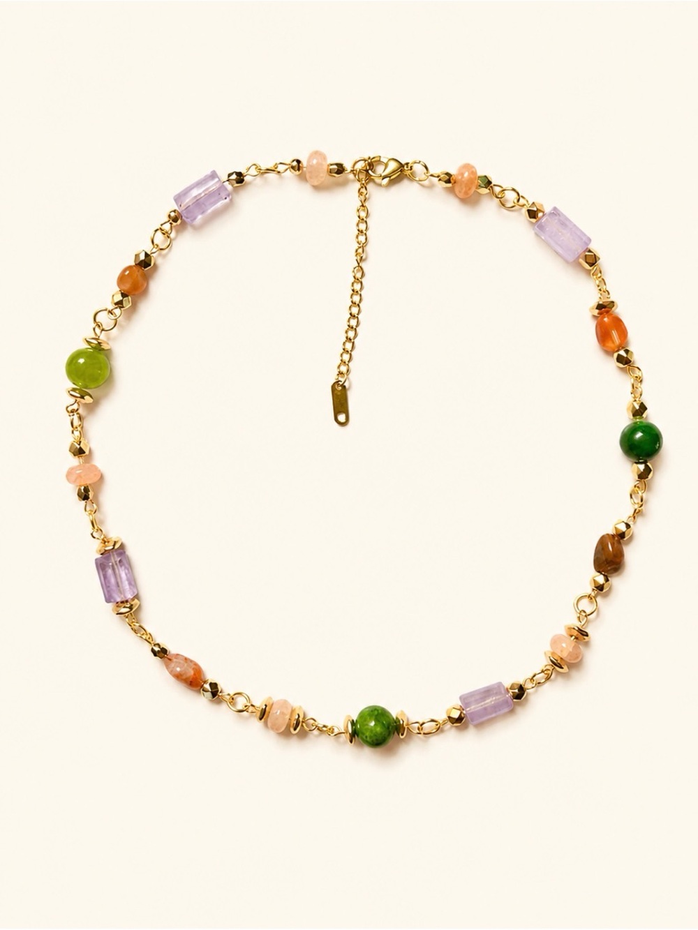 Gold Multicolor Beaded Choker Necklace with Green & Purple Accents